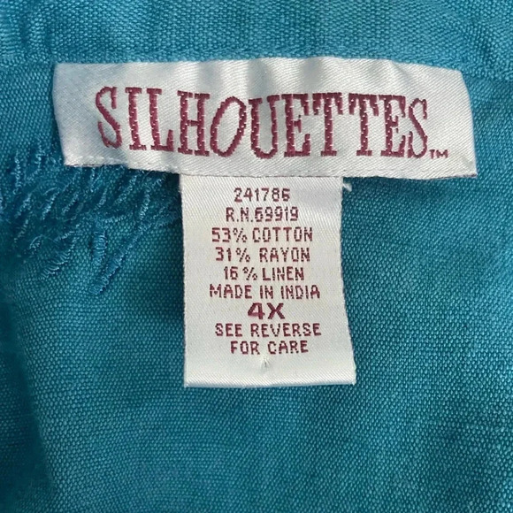 Silhouettes 4X Teal Button-Front Blouse with Shoulder Pads & Embroidered Detail - Picture 3 of 6